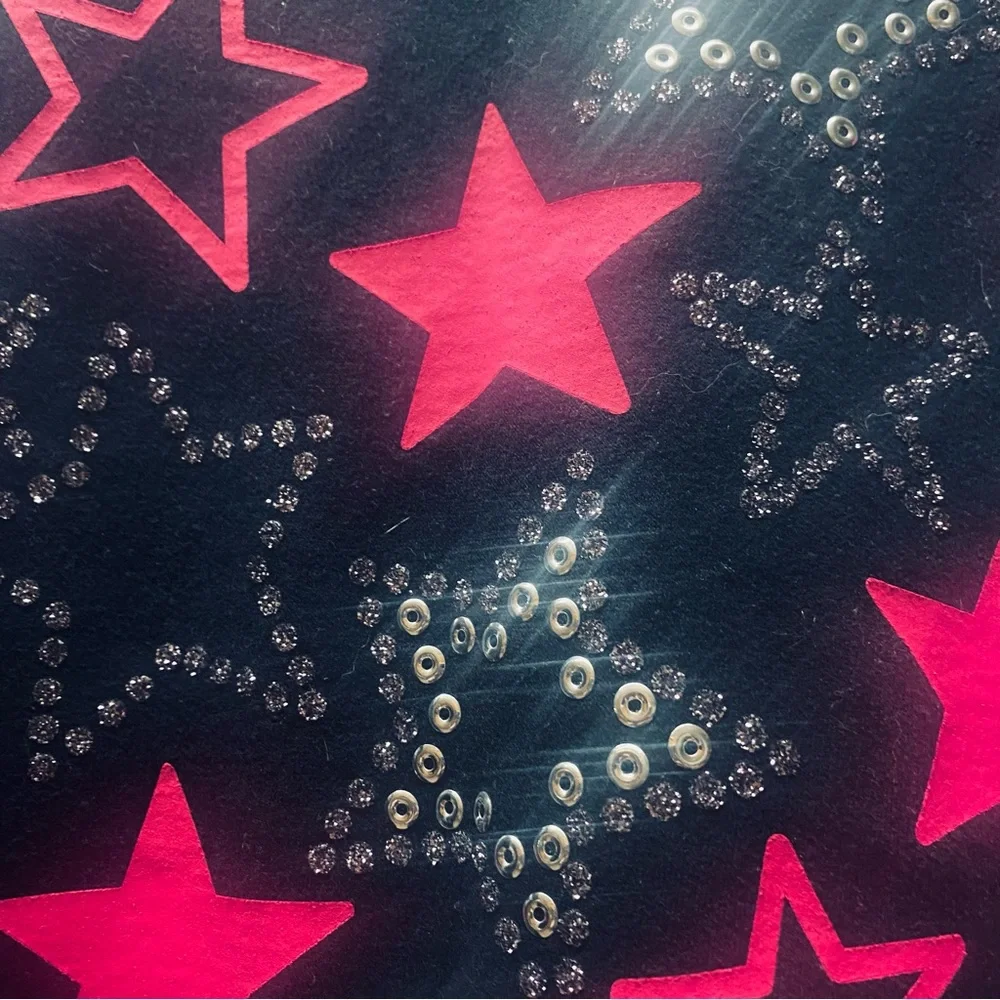 Black long-sleeve Justice top with pink and silver glitter stars Sz. 20